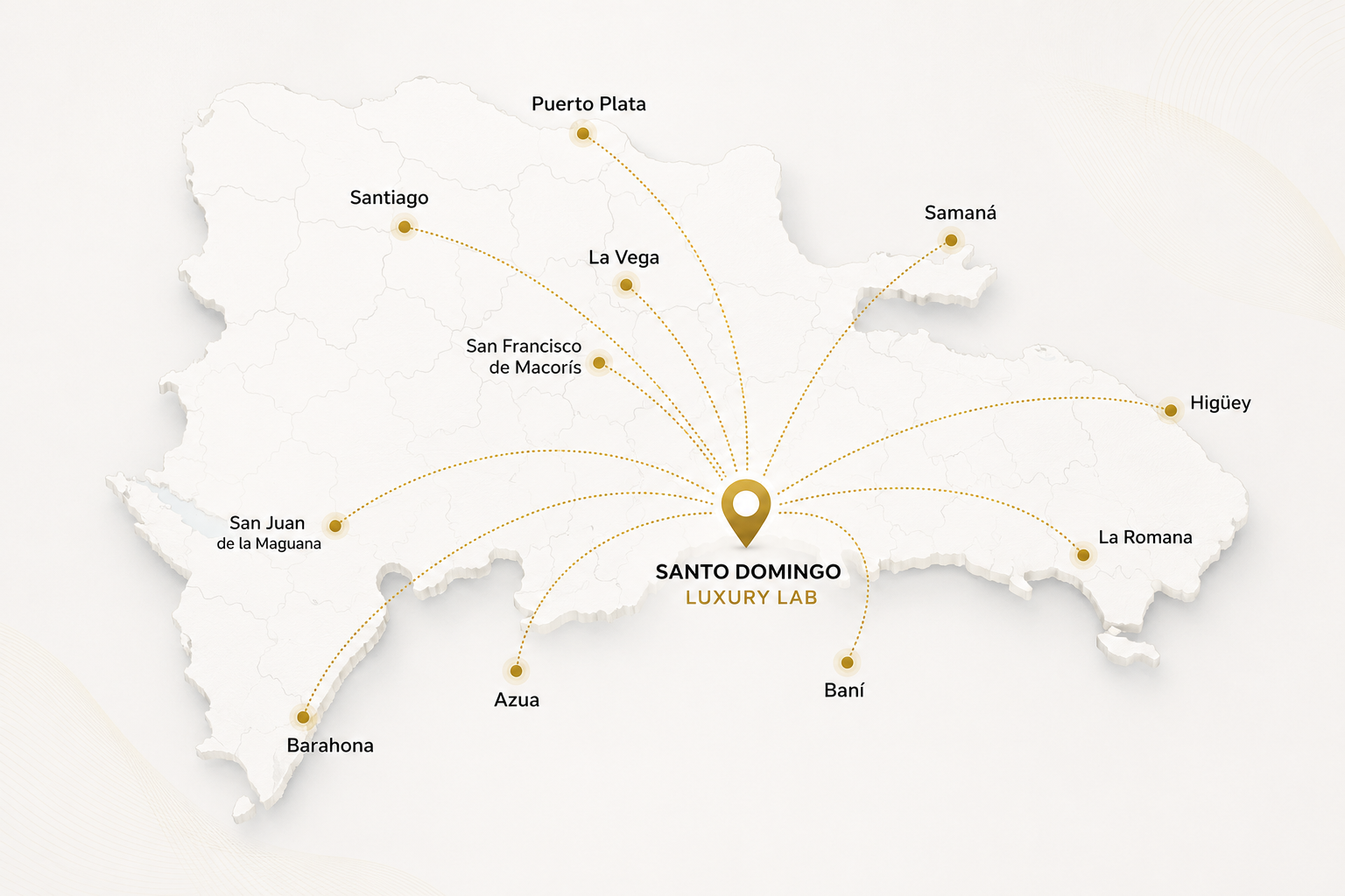 Mapa de la República Dominicana con conexiones digitales desde Luxury Lab en Santo Domingo hacia Puerto Plata, Santiago, La Vega, San Francisco de Macorís, Samaná, Higüey, La Romana, Baní, Azua, Barahona y San Juan de la Maguana